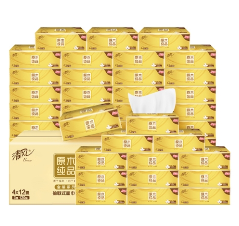 清风金装原木抽纸120抽餐巾纸面纸卫生纸家用实惠装纸抽宿舍学生